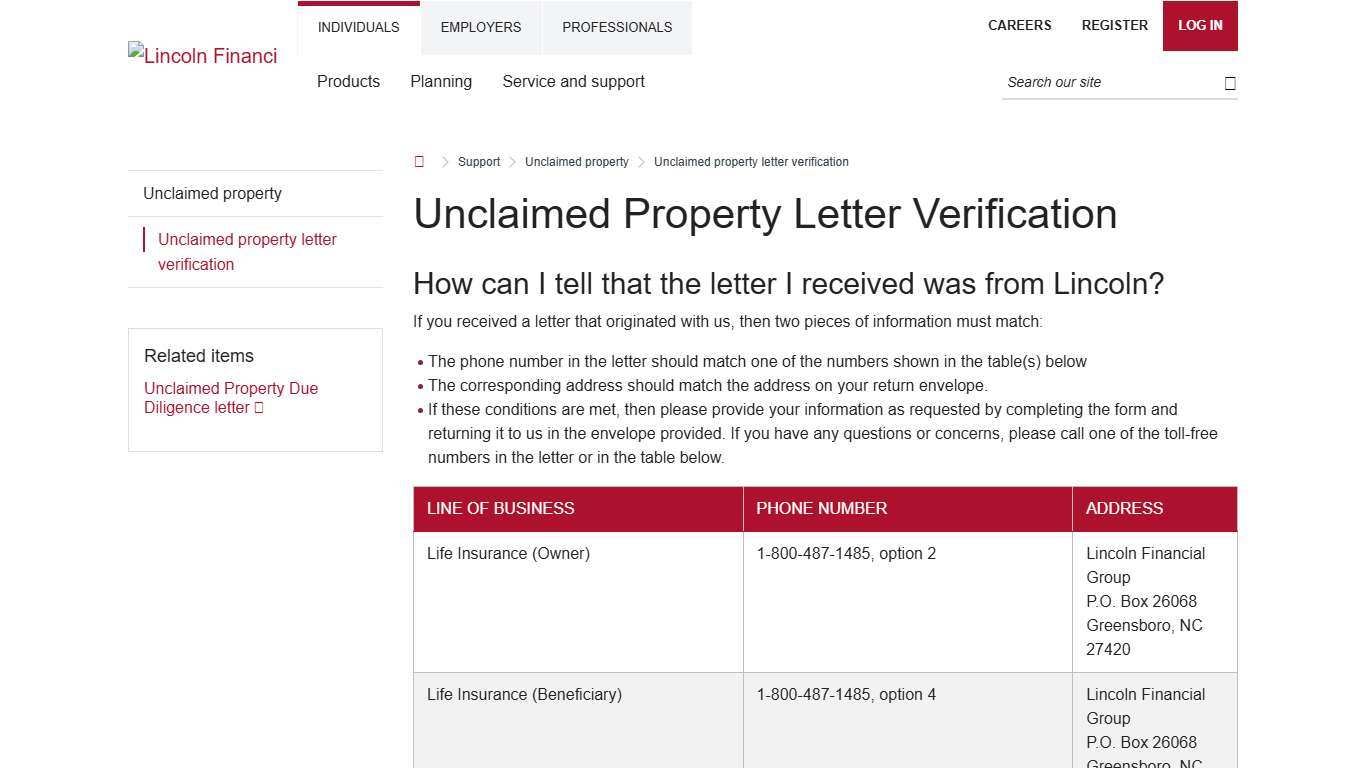 Lincoln Financial Unclaimed Property Letter Verification Lincoln Financial